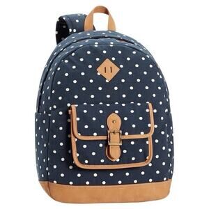 Pottery Barn Teen Northfield Navy Dot Backpack Recycled Brown Vegan Leather Trim